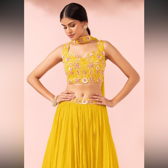 House of Indya floral tie dye yellow haldi embellished lehenga set - Picture 2 of 13